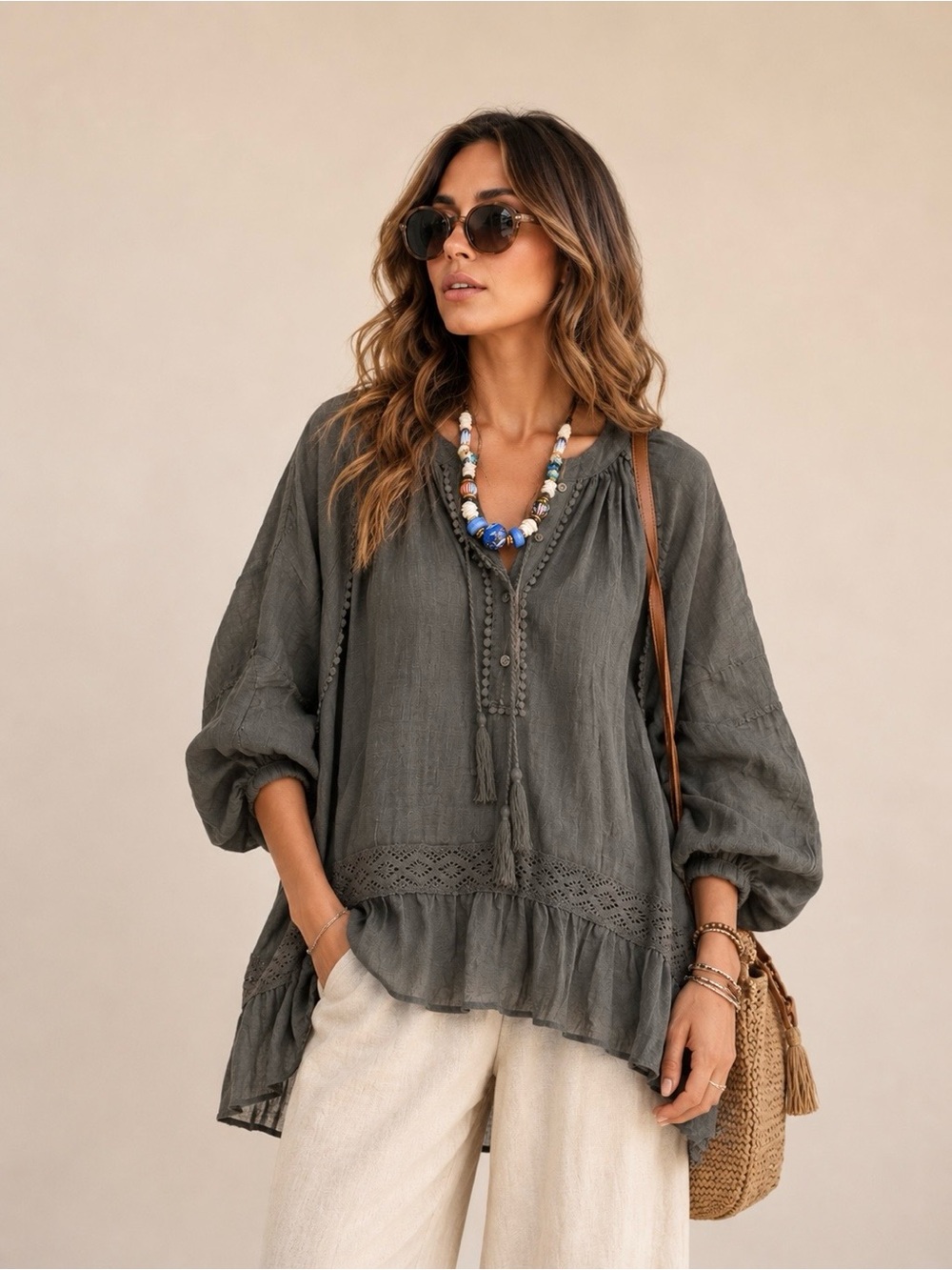 everleigh bohemian Gray pewter Gauze Peasant Tunic with Tassel Tie oversized
